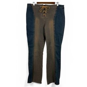 VTG Y2K Two Tone Lace Up Jeans | Brown Blue Dirty Wash Flare Slit Hem 00s 14W